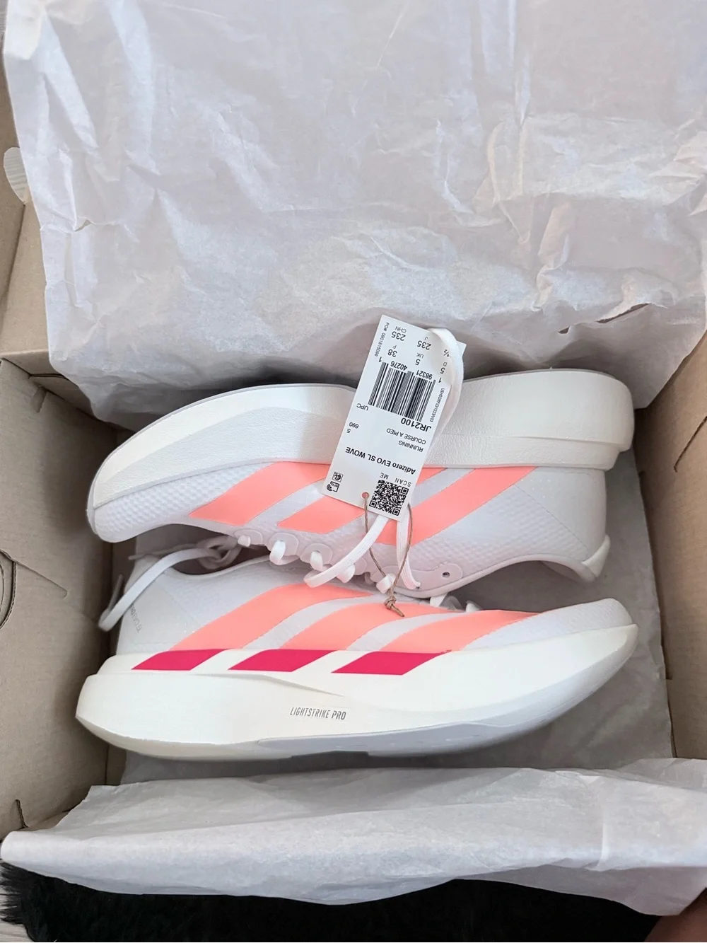 Adidas Adizero Evo SL White Running Shoes, red and orange accents. Size 6.5